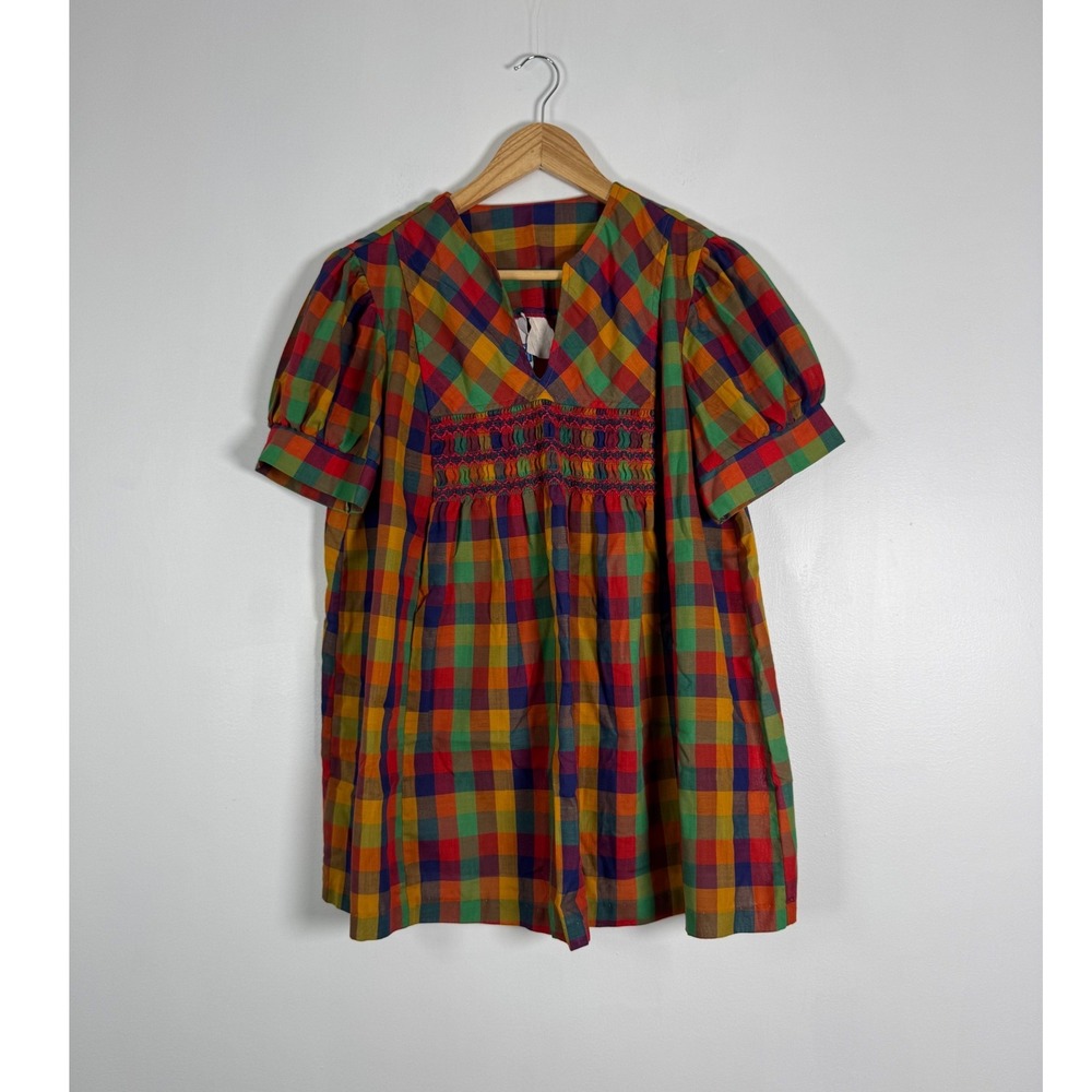 Vintage Sears Women XL Smock Top Multicolor Rainbow Plaid Smocked Puff Sleeve